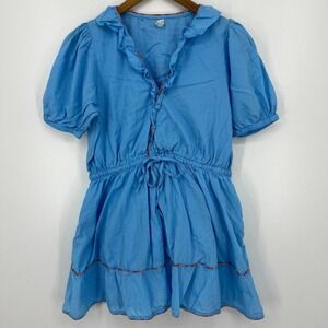 Roller Rabbit Trim Brita Dress‎ Women's Size L Blue Short Sleeve Pockets Mini